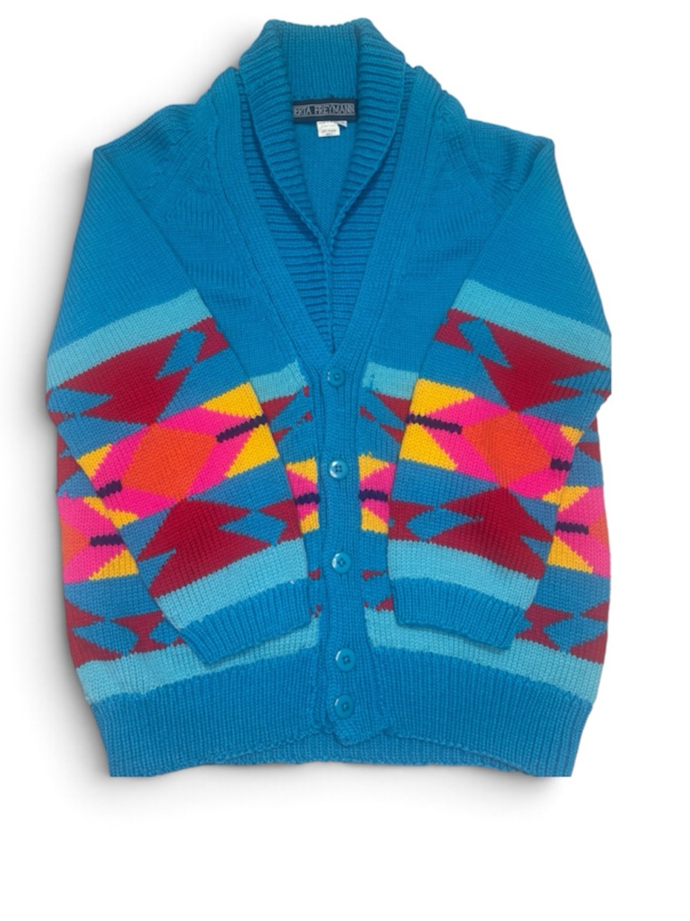 Roberta Freymann 100% Wool Aztec Geometric Pattern Shawl Collar Cardigan Sweater